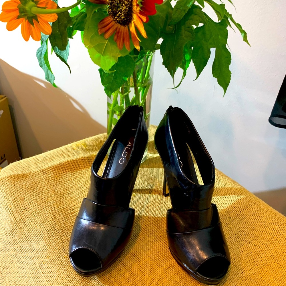 Aldo black leather open toe heels